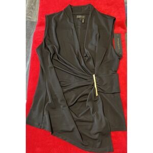 Donna Karan V Neck Ruched Top With Gold Hardware & Asymmetric Hem Women's SZ LG